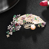 Ethnic Corsage Zirconia Brooch Freshwater Pearl Fan-shaped