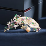 Ethnic Corsage Zirconia Brooch Freshwater Pearl Fan-shaped