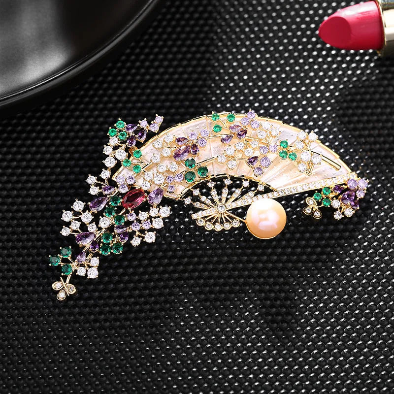 Ethnic Corsage Zirconia Brooch Freshwater Pearl Fan-shaped