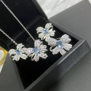 CZ Bowknot Jewelry Set Crystal Silver Ring Earring Necklace