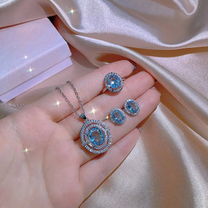 Temperament Silver Jewelry Set with Sea Oval Zircon Pendants