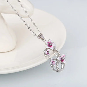 Purple Flower Pendant Bridal Jewelry Set Enamel Epoxy Necklace