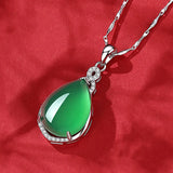 Water Drop Green Jade Emerald Gemstone Diamond Pendant Necklace for Women