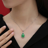 Water Drop Green Jade Emerald Gemstone Diamond Pendant Necklace for Women