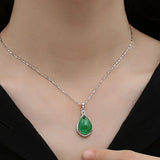 Water Drop Green Jade Emerald Gemstone Diamond Pendant Necklace for Women