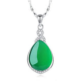 Water Drop Green Jade Emerald Gemstone Diamond Pendant Necklace for Women