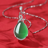 Water Drop Green Jade Emerald Gemstone Diamond Pendant Necklace for Women