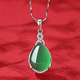 Water Drop Green Jade Emerald Gemstone Diamond Pendant Necklace for Women