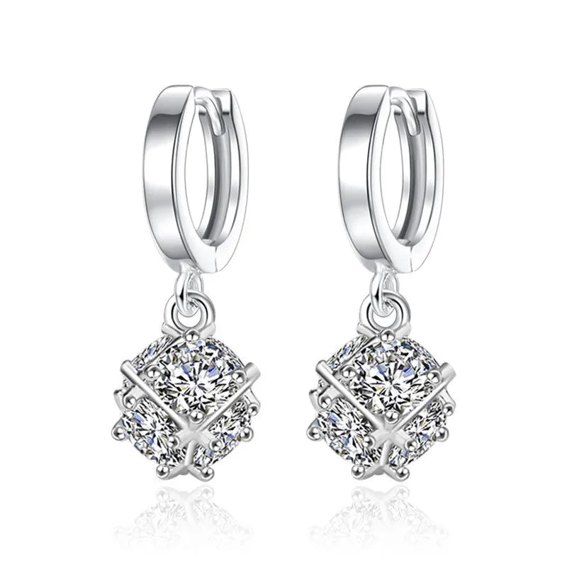 925 Silver Cube Crystal Drop Earrings Anti-Allergy