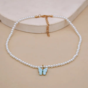 Pearl Choker Necklace Small Round Pearl Wedding Butterfly Necklace