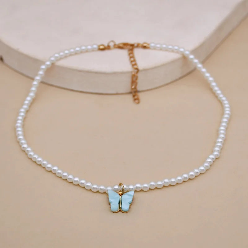 Pearl Choker Necklace Small Round Pearl Wedding Butterfly Necklace