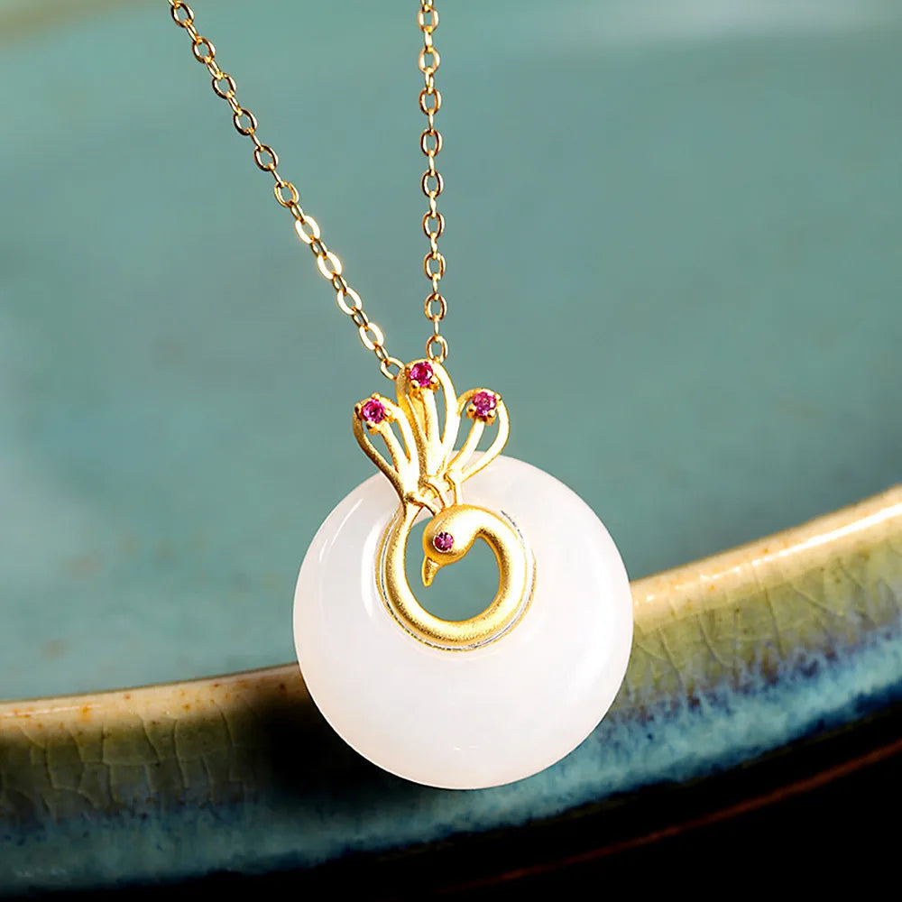 Jade Gemstones Peacock Pendant Necklace for Women 18k Filled Vintage Bijoux