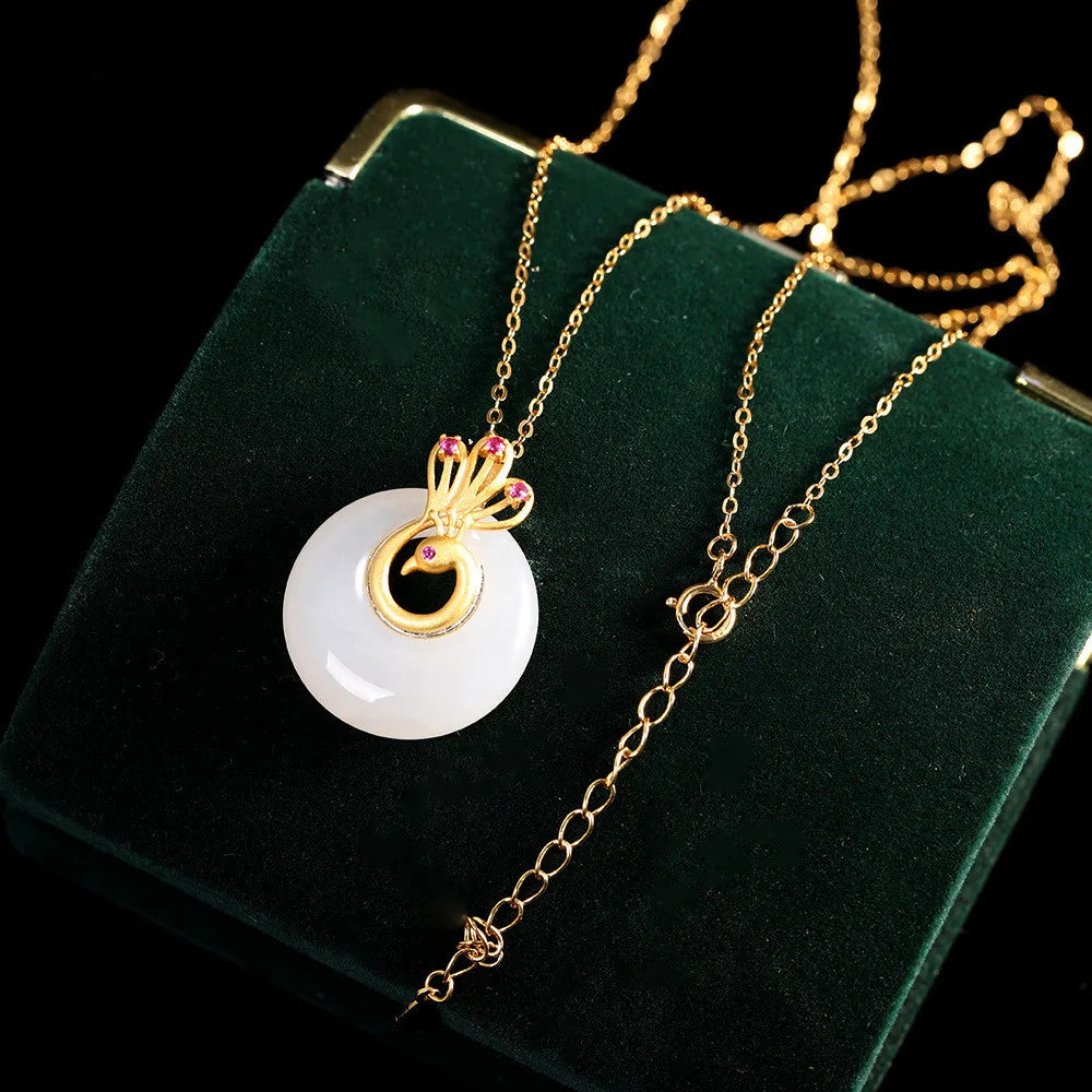 Jade Gemstones Peacock Pendant Necklace for Women 18k Filled Vintage Bijoux