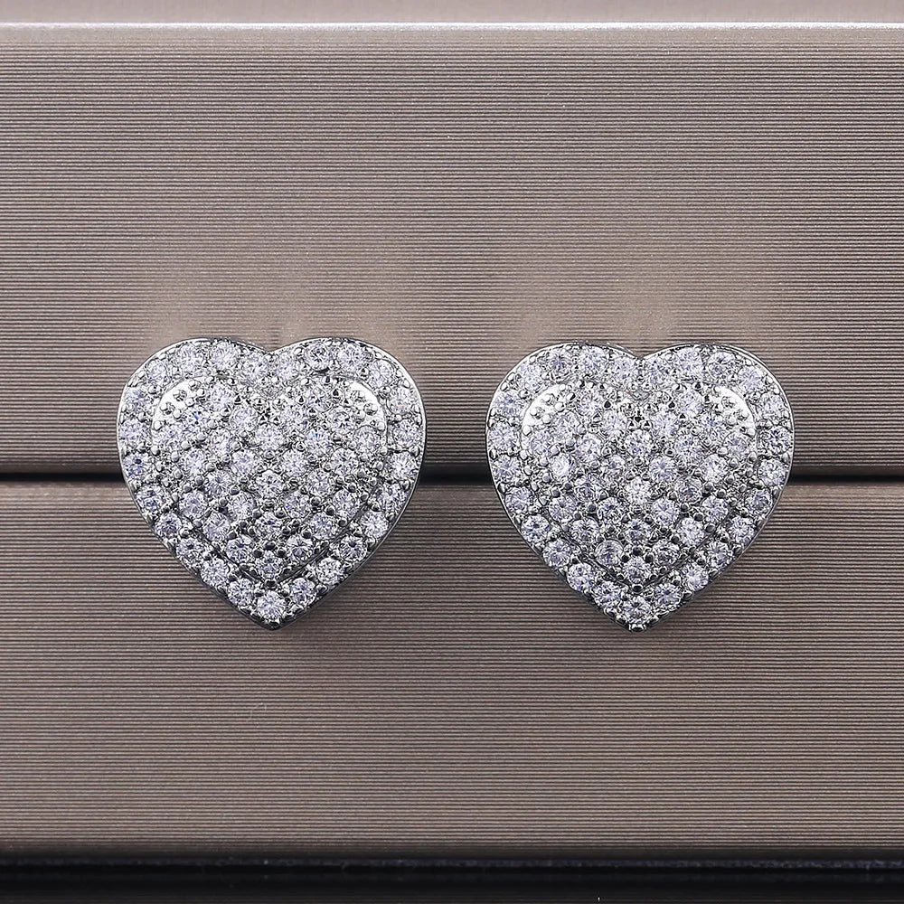 Zircon Heart Stone Screw Back Earrings Vintage Rainbow Crystal Stud Earrings