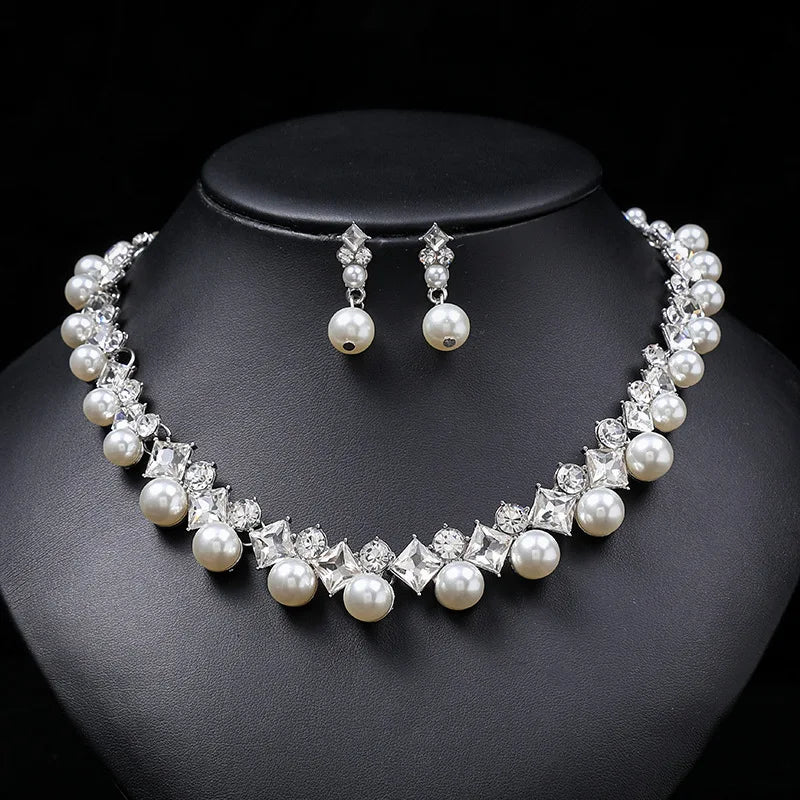 Pearl Rhinestone Wedding Jewelry Set - Elegant Bridal Necklace Earrings