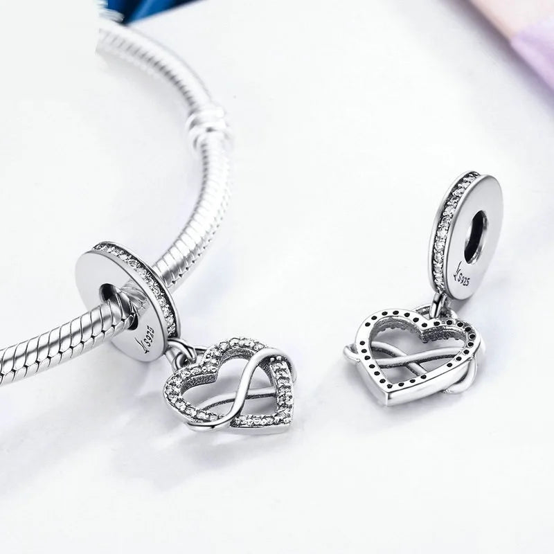 Women Crystal CZ Infinity Dangle Charm Sterling Silver Fits Bracelets