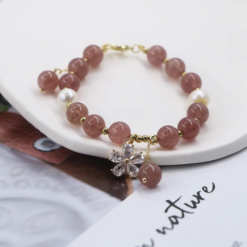 Flower Charm Bracelet Strawberry Quartzs Bead Fresh Water Pearl Aquamarine