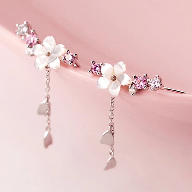 Zircon Flower Dangle Drop Earrings 925 Sterling Tassel Birthday Gift