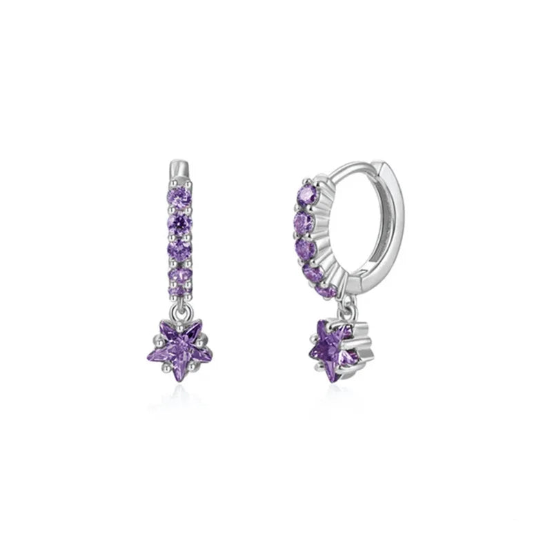 Purple Zircon Star Drop Hoop Earrings 925 Sterling Silver Fine Jewelry