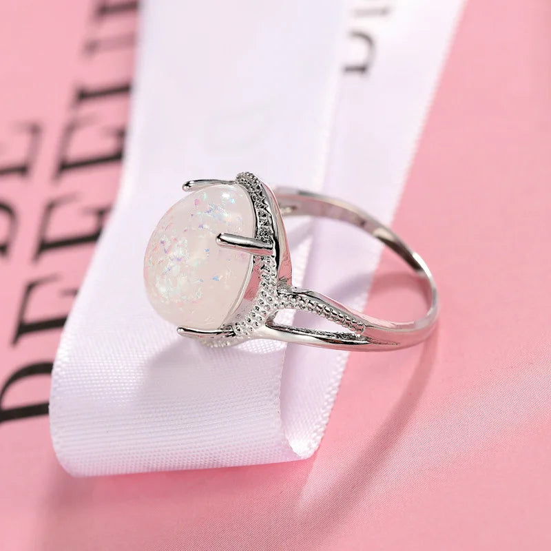 Vintage Silver Braided Ring with Oval Opal Stone, Wedding Engagement Jewelry