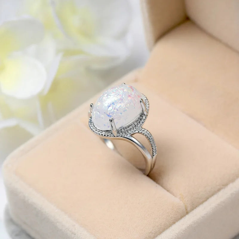 Vintage Silver Braided Ring with Oval Opal Stone, Wedding Engagement Jewelry
