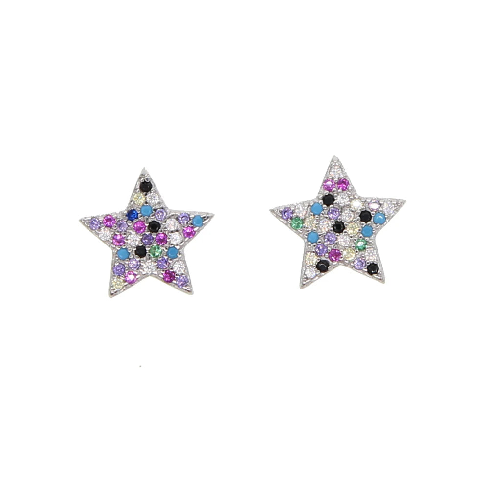 925 Sterling Silver Star Stud Earrings, Colorful CZ Starry Sky Earrings