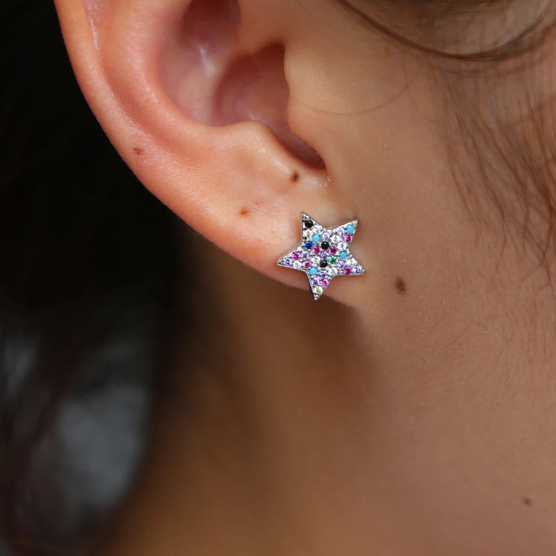 925 Sterling Silver Star Stud Earrings, Colorful CZ Starry Sky Earrings