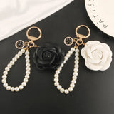 Elegant PU Leather Rose Camellia Flowers Pearls Chain Keychain Women