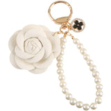 Elegant PU Leather Rose Camellia Flowers Pearls Chain Keychain Women