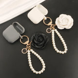 Elegant PU Leather Rose Camellia Flowers Pearls Chain Keychain Women
