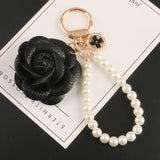 Elegant PU Leather Rose Camellia Flowers Pearls Chain Keychain Women