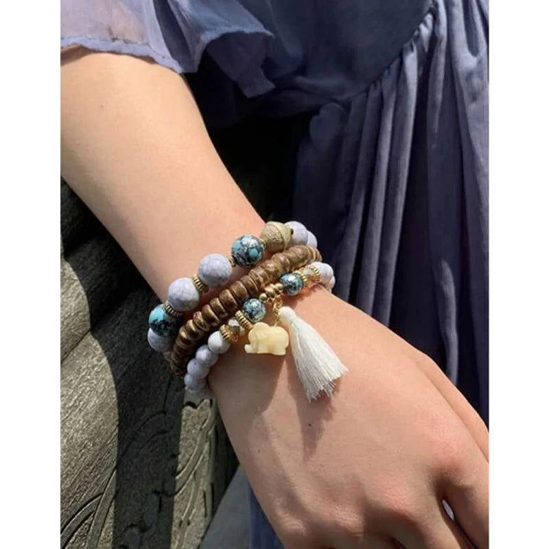 Elephant Tassel Strand Bracelets Bohemian Bib Beads Bangles 3pcs/pack