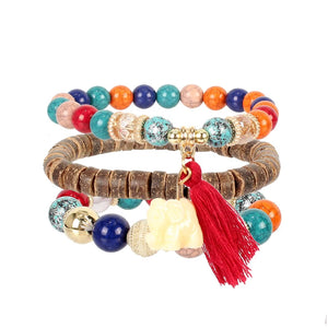 Elephant Tassel Strand Bracelets Bohemian Bib Beads Bangles 3pcs/pack