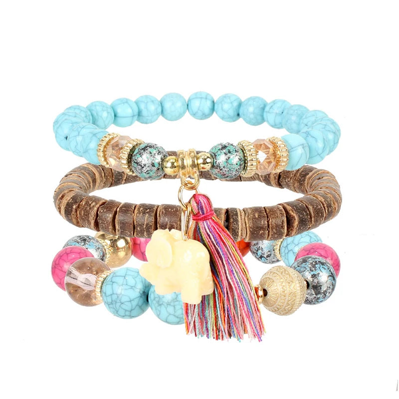 Elephant Tassel Strand Bracelets Bohemian Bib Beads Bangles 3pcs/pack