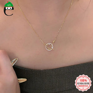 Real s925 Silver Necklace with Zircon Circle Pendant