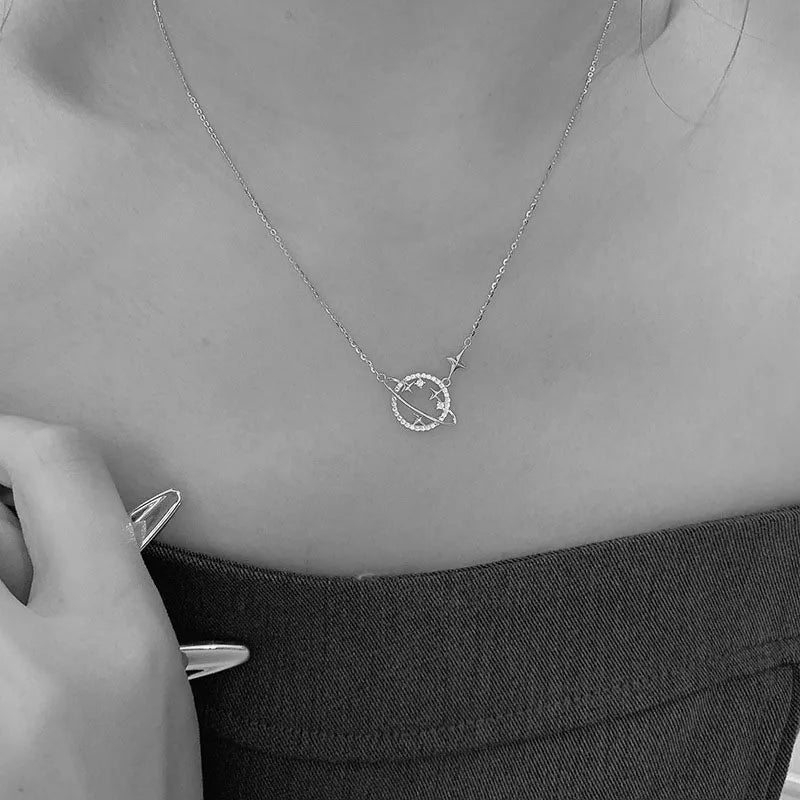 Real s925 Silver Necklace with Zircon Circle Pendant