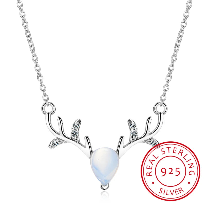 Moonstone Crystal Deer Necklace 925 Sterling Silver Jewelry