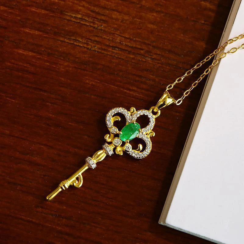 Emerald Crystals Key Pendant Light Green Gemstone Necklace