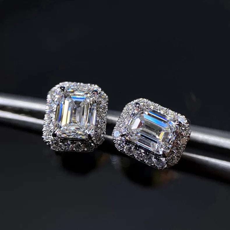 Emerald Cut Moissanite Diamond Stud Earrings 925 Sterling Silver Bridal Jewelry