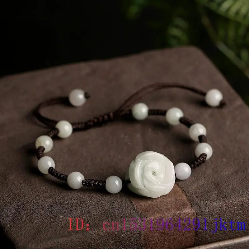 Emerald Jade Rose Bracelet Natural Bead Carved Gemstones Vintage Men Jewelry