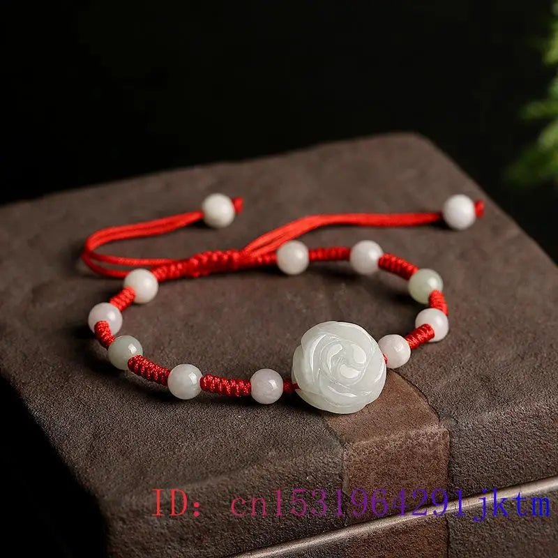 Emerald Jade Rose Bracelet Natural Bead Carved Gemstones Vintage Men Jewelry