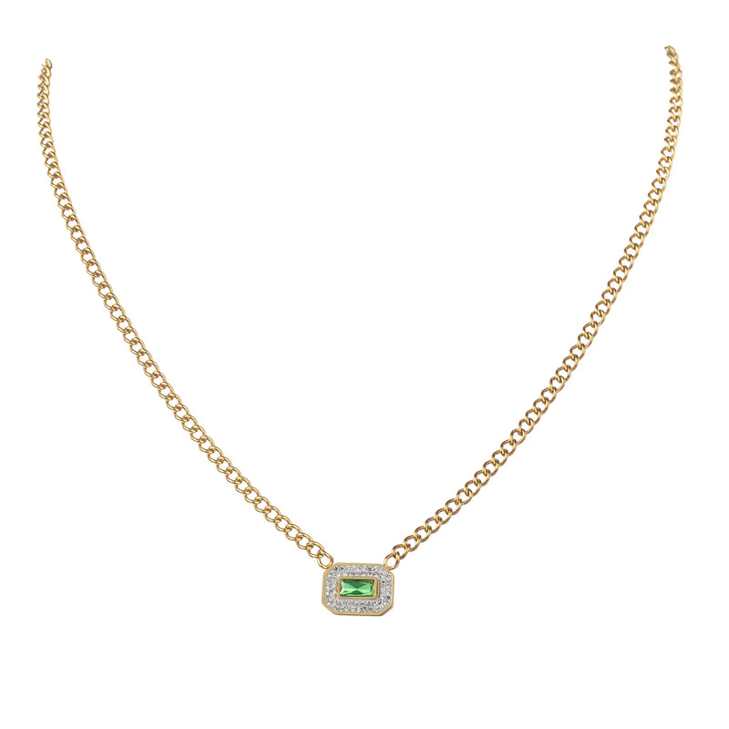 Emerald Stainless Steel Necklace Green Zircon Pendant Collar Choker
