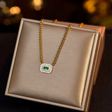 Emerald Stainless Steel Necklace Green Zircon Pendant Collar Choker