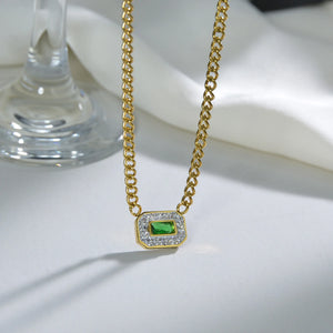 Emerald Stainless Steel Necklace Green Zircon Pendant Collar Choker