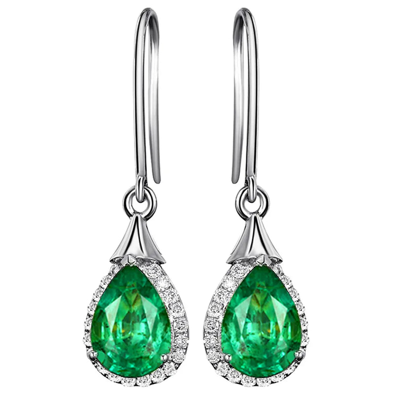 Emerald Gemstone Green Crystal Dangle Drop Earrings Zircon Diamonds