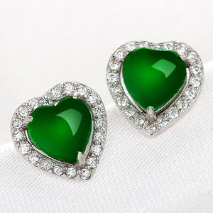 Green Jade Stud Earrings Heart Zircon Crystal Jewelry