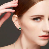 Green Jade Stud Earrings Heart Zircon Crystal Jewelry