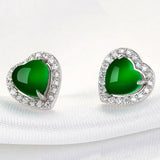 Green Jade Stud Earrings Heart Zircon Crystal Jewelry