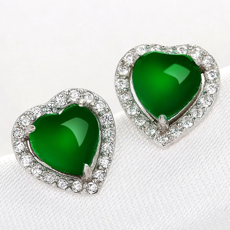 Green Jade Stud Earrings Heart Zircon Crystal Jewelry