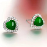 Green Jade Stud Earrings Heart Zircon Crystal Jewelry
